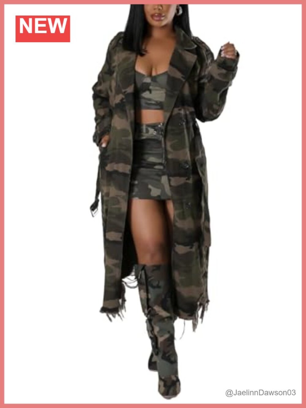 Women's Long Camo Trench Coat Distressed Military Jacket with Belt